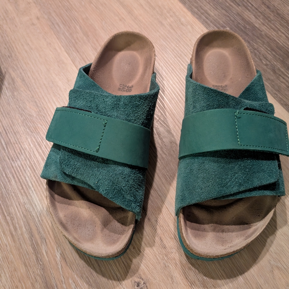 Birkenstock Green Sandals with Wide Straps and Cork Footbed